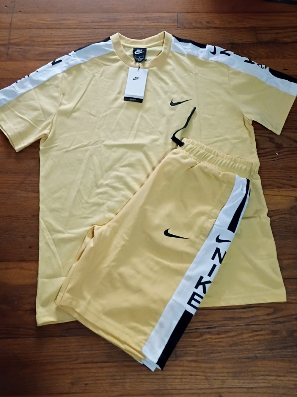 Nike Pale Yellow Tee and Shorts Set with Black & White Accents